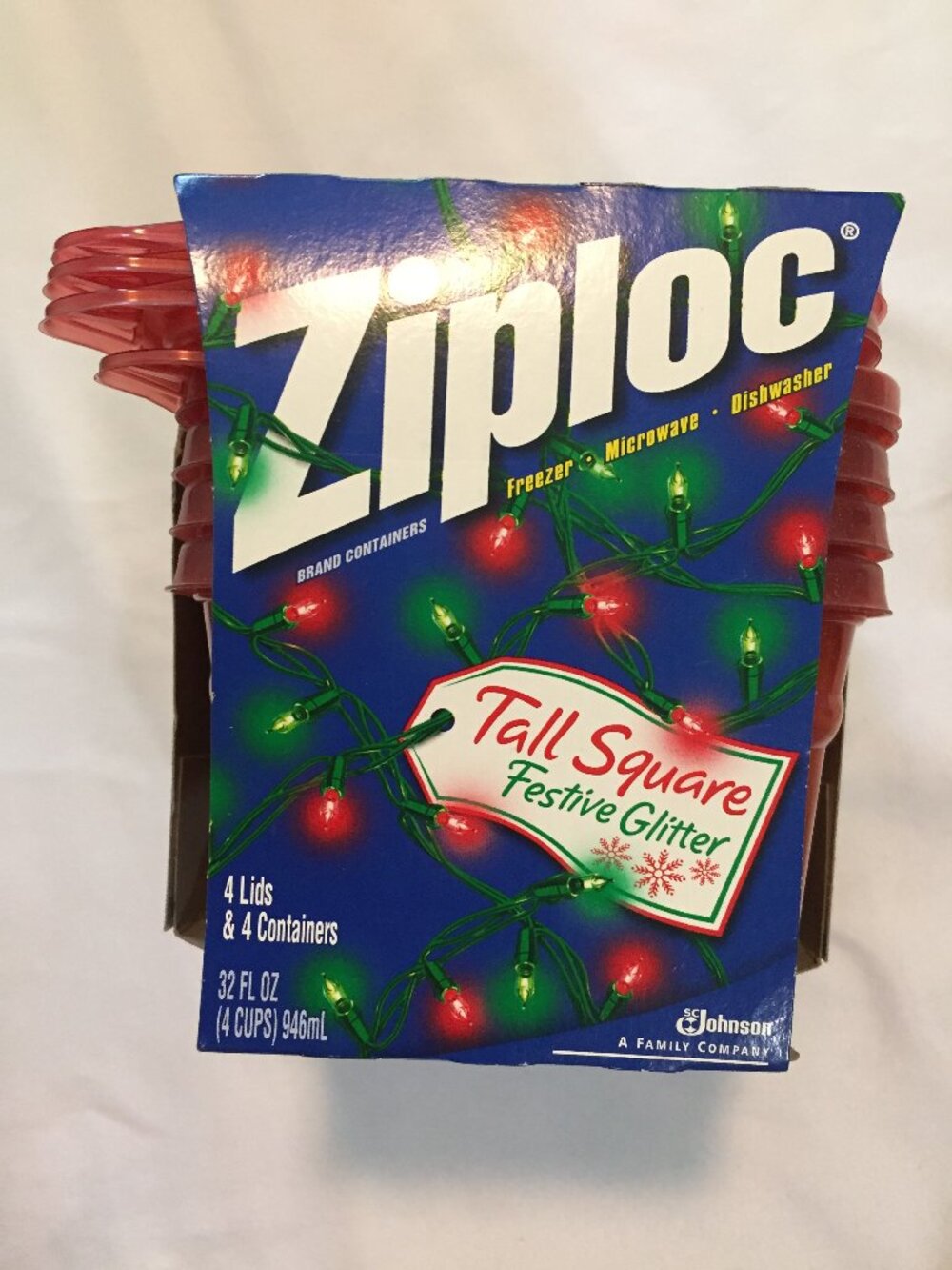 Ziploc TALL Square 4 Containers 4 Lids Glitter Red Limited Edition Holiday NOS